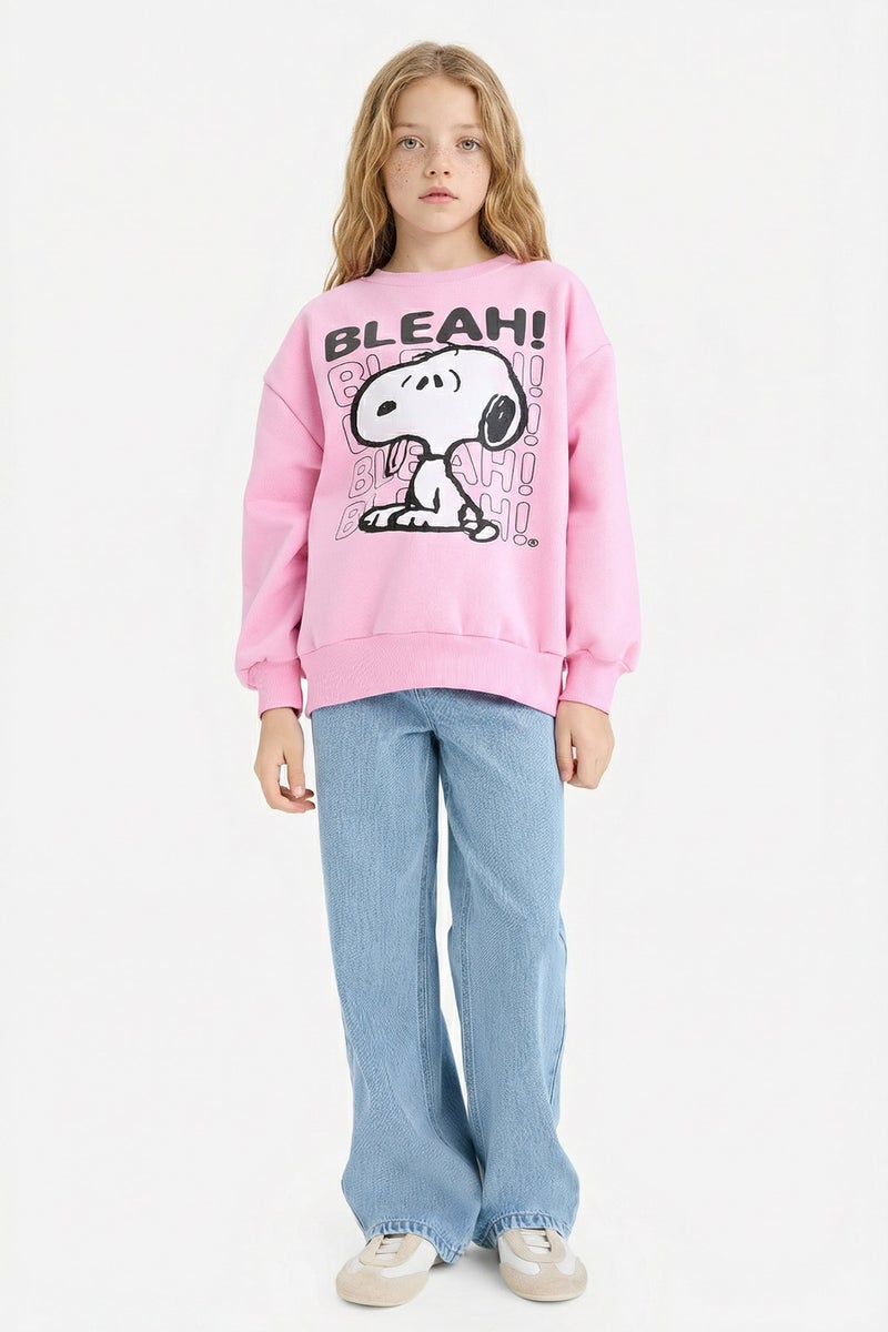DeFacto Pink Girl Girl Snoopy Oversize Crew Neck Soft Lining Sweatshirt Casual - Image 2